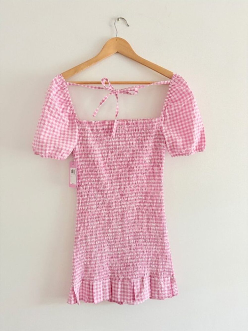 Guess Aida Smocked Puff Sleeve Mini Dress NWT Picnic Ruffle Pink White Sz Small - Picture 5 of 8